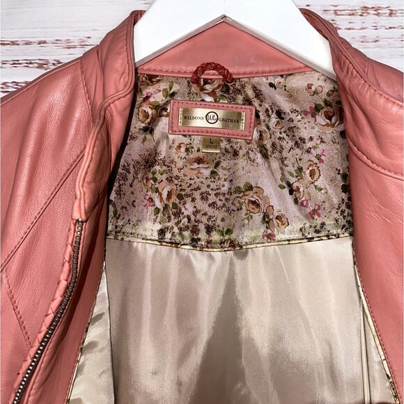 Wilson Vintage Rare Pink 100% Leather Bomber Moto Zip Up Jacket Zip Size Large - Picture 9 of 12